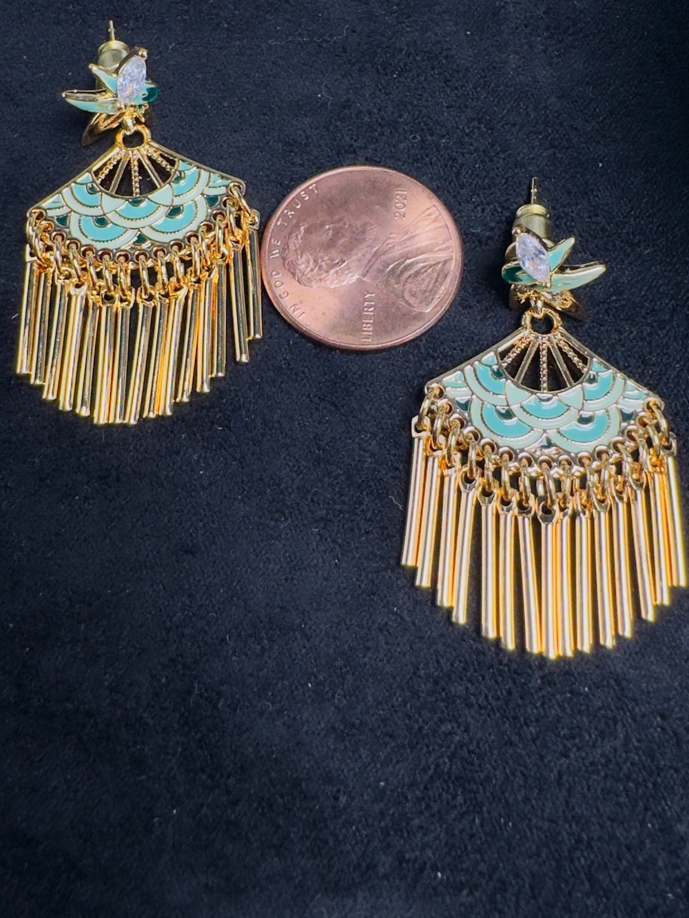 Gold and Mint Fan Tassel Drop Earrings - Women's Jewelry - Picture 6 of 8